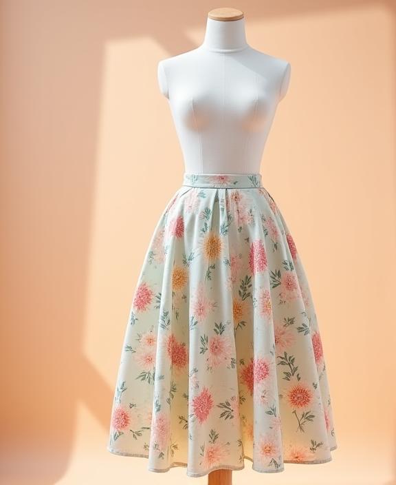 Saia midi com um padrão floral delicado.