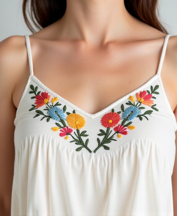 Top de alças com detalhes florais bordados à mão no decote.