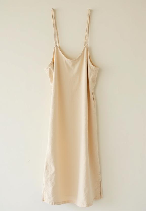 Vestido comprido de linho bege com alças finas.