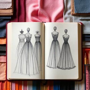 Um caderno de esboços aberto com desenhos de vestidos e amostras de tecido.